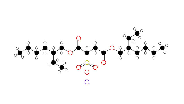 docusate sodium molecule, structural chemical formula, ball-and-stick model, isolated image organic sodium salt
