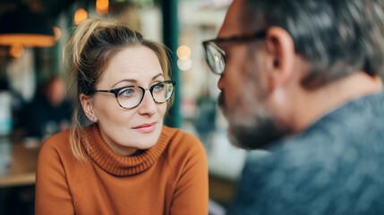 Two people engage in an intimate conversation over coffee in a cozy cafe setting, one listening intently to the other, illustrating a personal connection. - obrazy, fototapety, plakaty