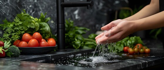 Woman washing hands under kitchen tap. Concept Hygiene, Daily Routine, Kitchen, Washing Hands, Personal Care