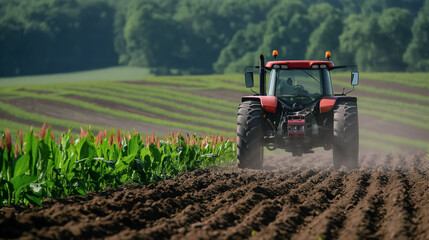 A modern red tractor works the soil in a field, illustrating agricultural activity and the cultivation of crops.