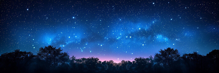 Fototapeta premium A clear night sky with stars and the silhouette of trees,beautiful night forest, A dark blue sky with stars above the silhouette of trees at night ,banner
