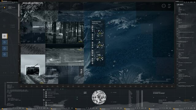 Futuristic Digital Satellite Surveillance System Analyzes Position Coordinates. Digital Surveillance Analysis Software Interface. Military Tank Base By Digital Drone Surveillance Analysis.