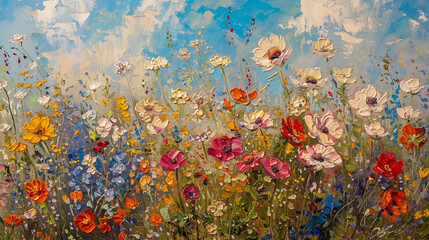 Fototapeta na wymiar Sultry landscape. A field against the sky. Bright wildflowers. Oil painting. Generative AI.