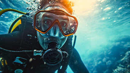 Close-up portrait of a happy scuba diver giving an OK hand signal underwater. - Powered by Adobe