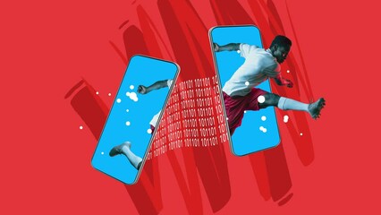 File sharing. Creative stop motion. Male football player stuck on phone screen with binary code on red background. Modern animation. Concept of online communication, information transmission - Powered by Adobe