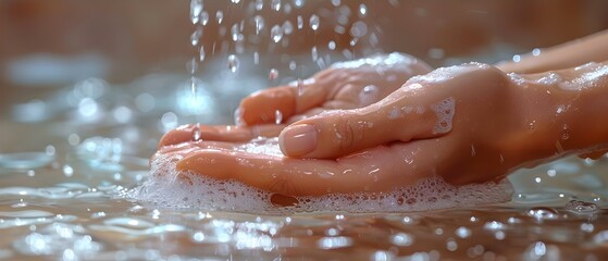 Fototapeta premium Hands washed under running water with soap bubbles clean and fresh. Concept Hand hygiene, Soap bubbles, Freshness, Clean hands, Running water