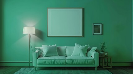 a realistic AI image of a chic living room with a green backdrop, incorporating a mockup frame and an isolated sofa attractive look