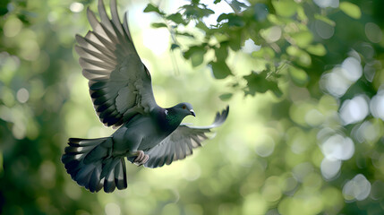 A close-up of a pigeon mid-flight, wings gracefully spread, captured in crisp detail against a backdrop of lush green foliage, with blurred trees adding depth to the scene © MistoGraphy