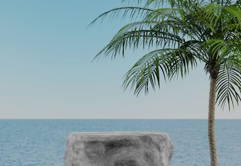 Stone pedestal Looking at the sea view and background or abstract empty product display platform space for displaying cosmetics, skincare products or products, 3D rendering..