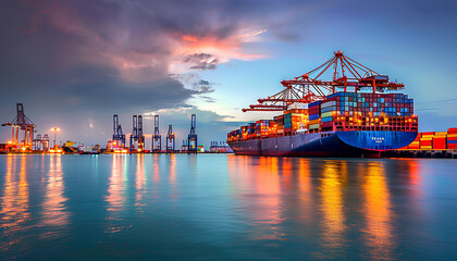 port with colorful containers being carefully loaded onto a large cargo ship, symbolizing the efficiency and global reach of import and export