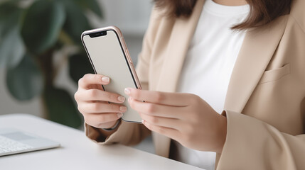 Closeup of business woman using and touching on mobile smart phone during working at home office