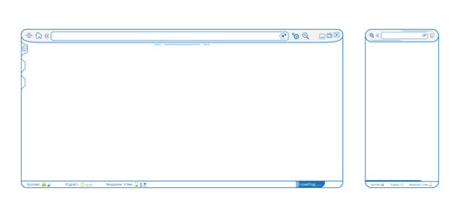 Blue internet browser phone app webpage, blank website template vector design. Editable lines web browser with icons illustration. Homepage mockup background illustration. 