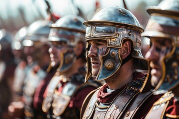 A group of Roman soldiers dressed in authentic armor standing in formation, representing historical war reenactment