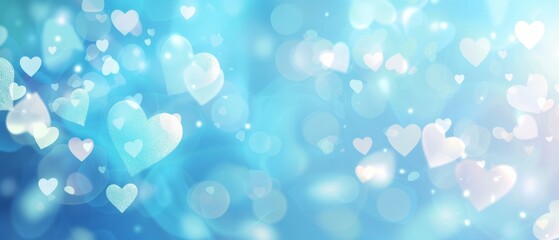 Light blue background with white hearts, pastel colors, blurred bokeh effect large empty space on top of design Generative AI