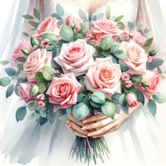 Watercolor Painting of a Bridal Roses Bouquet