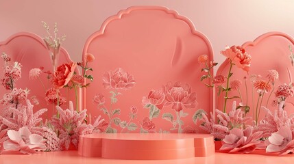 Fototapeta na wymiar Coral pink podium mockup with a scalloped edge and floral motifs.