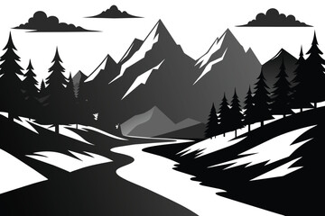Landscape with silhouettes of mountains and Mountain river. Nature background. Vector illustration. Old style mountain vector illustration