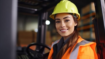 Women labor worker at forklift driver position with safety suit and helmet happy enjoy working in industry factory logistic shipping warehouse.