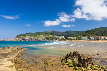 Panoramic view of Bakio beach and Cantabrian Sea. Bakio, Basque Country, Spain.