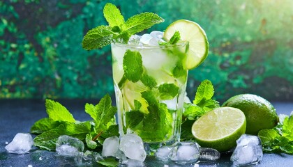 Fraîcheur estivale en verre : La danse pétillante du mojito, mélange parfait de menthe fraîche, citron vert acidulé et rhum enivrant, sur lit de glace craquante, une symphonie rafraîchissante de saveu - 777449561