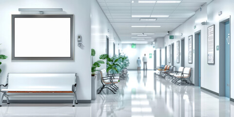 A mockup of an empty white poster on the wall in modern hospital waiting room with comfortable chairs and medical equipment. empty white blank poster on  white wall in hospital, white board 