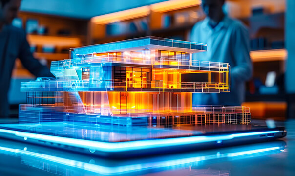Holographic 3D building model on laptop, digital Building Information Modeling (BIM) technology for architectural design, construction planning, and project management in a futuristic setting