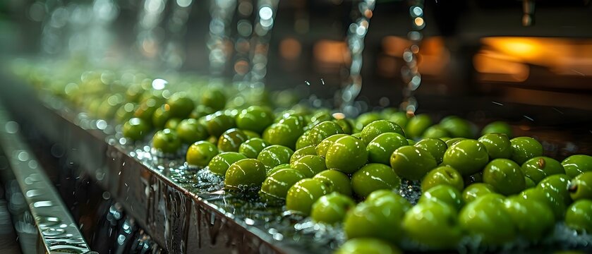 Green olives being washed in processing equipment with water jets for cleansing. Concept Food processing, Green olives, Washing equipment, Water jets, Cleansing