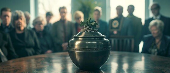 Metal urn containing the ashes of a dead person at a memorial, with mourners in the background. Sad moment of grief at the end of a life. - obrazy, fototapety, plakaty