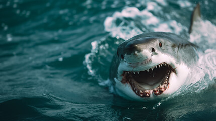 A fearsome great white shark emerges with its jaws wide open, cutting through the ocean water,...