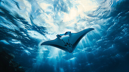  A majestic manta ray swims gracefully under the ocean's surface, illuminated by sunlight filtering through the water above, surrounded by a diverse coral landscape - obrazy, fototapety, plakaty