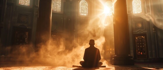 Having worship and prayer for fasting and Eid in an old mosque with lighting and smoke as background. - obrazy, fototapety, plakaty