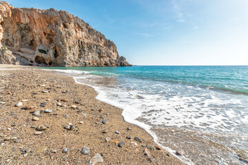 Panoramic view of beautiful beach, turquoise lagoon and rocks. Travelling and holiday concept. Agio Farango beach. Crete.