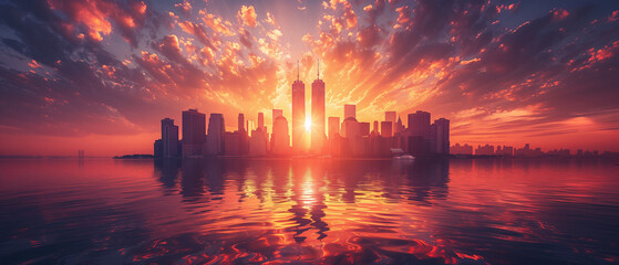 New York skyline silhouette with Twin Towers and USA flag at sunset. American Patriot Day banner,...