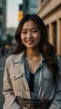 young beautiful asian woman wearing trendy clothes stands on the street of a large city