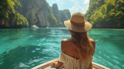 Traveler woman on a boat on the beach, traveling through Southeast Asia, Thailand, Philippines. Travel and vacation concept.