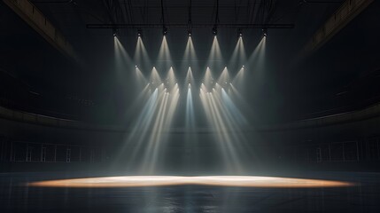 a realistic virtual rendering of an empty ice hockey arena illuminated by dynamic spotlights...