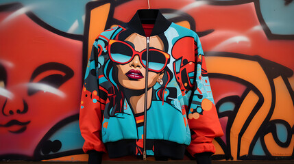Female stylish american in street style on abstract graffiti background. Hip hop style concept