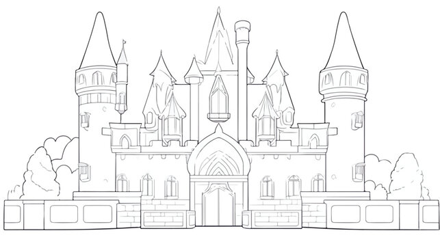 Printable castle coloring page outline 2d flat cart