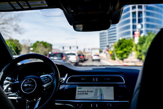Phoenix, Arizona, USA - 3.23.2024: Interior view of empty passenger seat of a Waymo self-driving car.