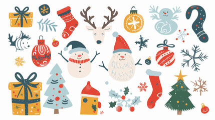 Hand draw abstract Christmas icon. Santa claus. Gifts. Snow.