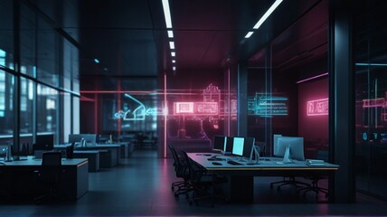 Modern neon cyberpunk open space office interior blurred with information technology overlay. Corporate strategy for finance, operations, marketing. Tables with computers for work. Technology 
