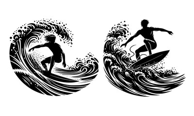 Silhouette of a surfer riding a wave, surfer silhouette vector illustration, white background
