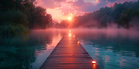 calming moment in a lake sunrise landscape with wooden pier - obrazy, fototapety, plakaty