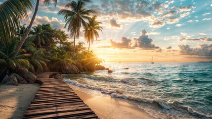 Wooden walkway leading to beautiful tropical beach with palm trees at sunset - Powered by Adobe