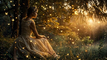 Young woman in fairy forest with golden bokeh lights on background