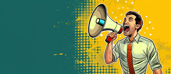 pop art banner with Young handsome man with open mouth, holding megaphone screaming announcement