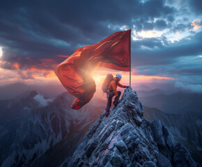 Success and leadership concepts with climber reaching the flag on top of mountain