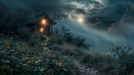 Wooden house in the meadow at night with moon and fog