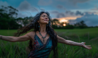 Exuberant mature woman with arms outstretched in remote rural field at sunset