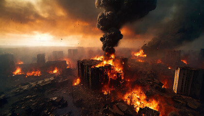 The abandoned city is burning in flames
